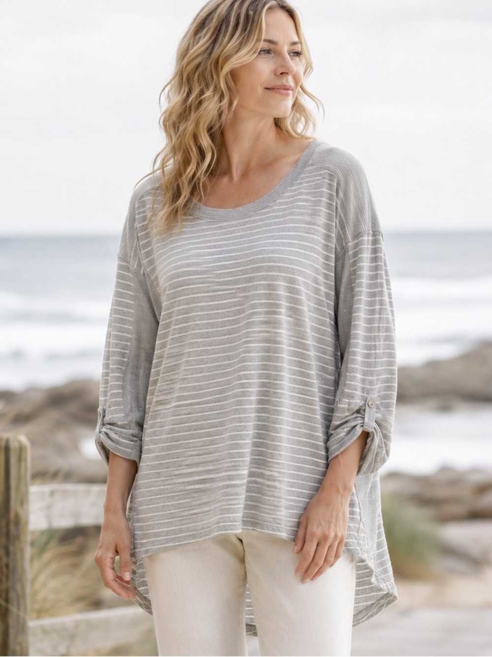 Neon Buddha 2X Oversized Stripe Waffle Knit Hi Lo Tunic Top